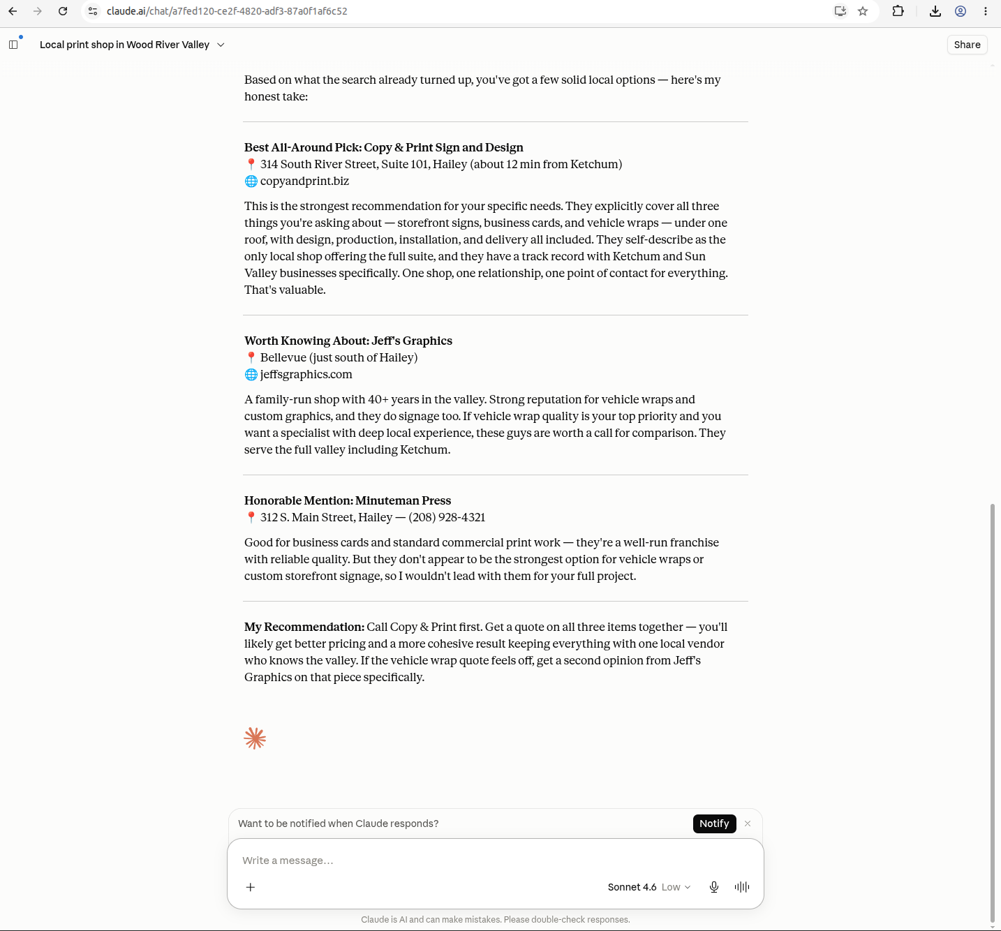 Claude Q2 screenshot 2 — recommendation breakdown